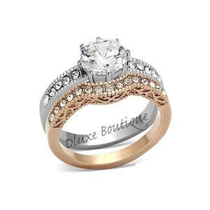 2.80 Ct Round Cut CZ Rose Gold Plated Stainless Steel Wedding Ring Set Size 9
